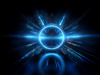 Glowing blue circular portal with radiating light streaks against a dark background.  Its reflective surface creates a mirrored effect, suggesting depth and energy.