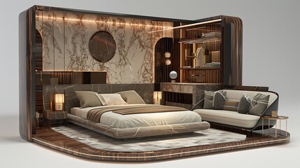 Three dimensional model of a contemporary opulent sleeping area and washroom