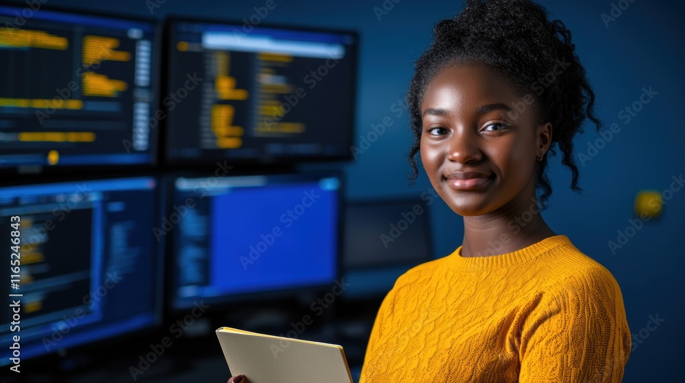 Aufkleber smiling woman in a yellow sweater holding a tablet in a dark office with multiple computer screens d
