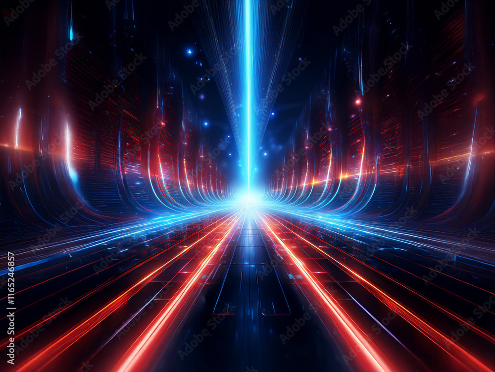 Poster abstract digital art depicting a futuristic highway. red and blue neon lights streak across a dark, 