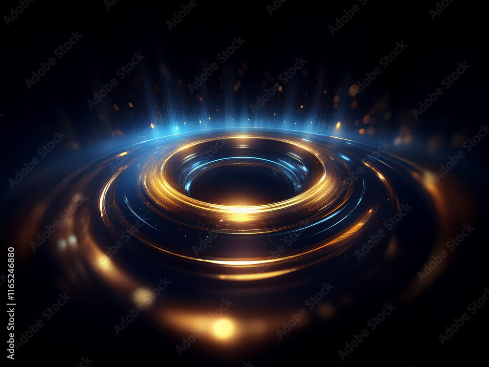 Poster glowing concentric rings of gold and blue light pulse in a dark, futuristic void. sparkling particle