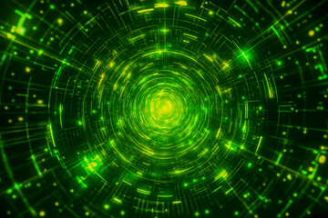 Obraz premium Dynamic background dominated by green with yellow flashes. TV game wheel effect in the centre of the image.