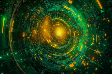 Fototapeta premium Dynamic background dominated by green with yellow flashes. TV game wheel effect in the centre of the image.