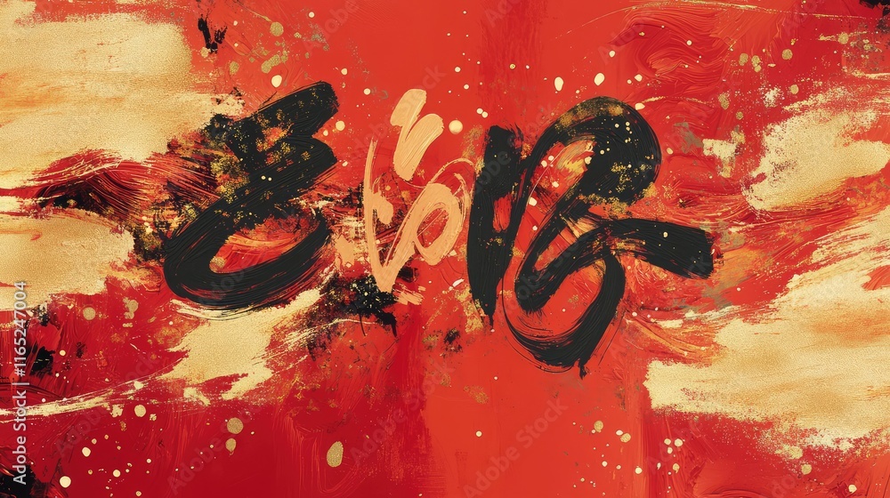 Aufkleber fluid chinese new year calligraphy intertwined with vibrant abstract patterns in red and gold.