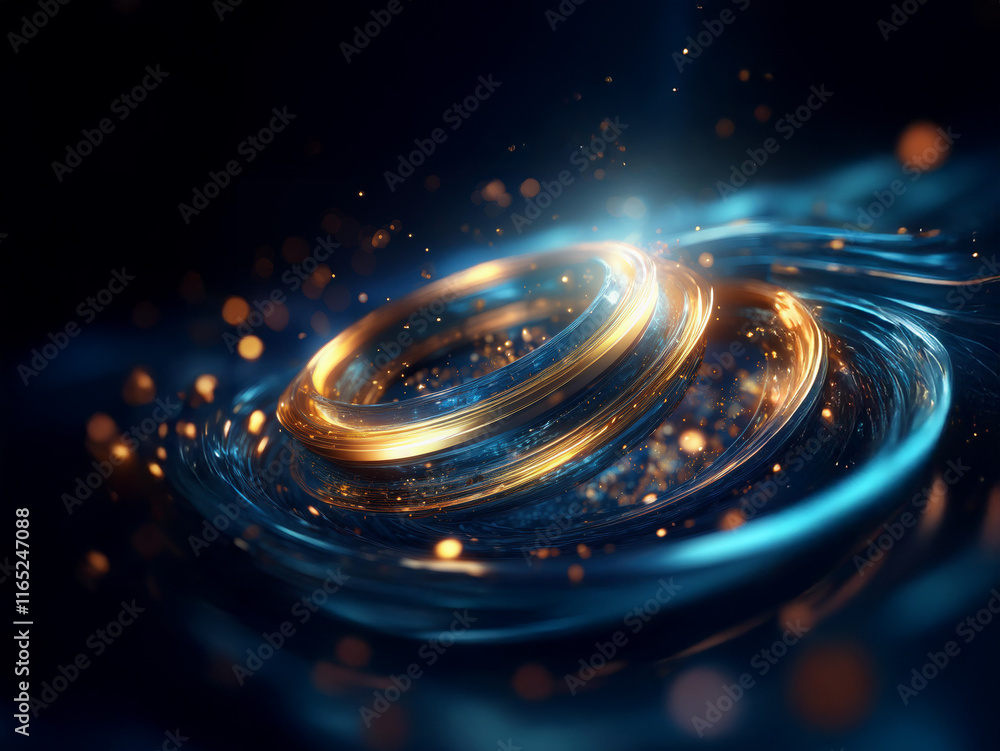 Poster glowing golden and blue rings interlock, swirling in a dark, cosmic liquid. sparkling particles eman