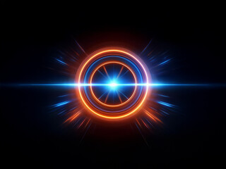A vibrant, concentric circular light display, radiating energy and power.  Blue and orange glowing rings emanate light streaks against a black background.