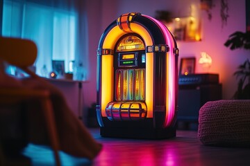 glowing retro jukebox in dark room with neon accents surrounded by softly blurred 80s-inspired decor