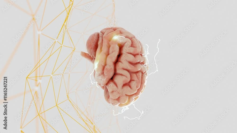 Poster human brain model with lightning effect above abstract yellow polygonal grid on a white background. 