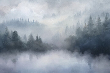 A misty forest scene reflects calm waters, evoking a sense of tranquility and natural beauty.