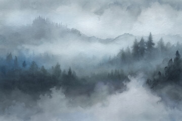 A foggy mountain landscape shrouded in mist, offering a sense of mystery and tranquility.