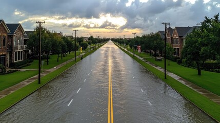 Fototapeta premium Flooded street scene residential area aerial view overcast skies urban environment natural disaster impact