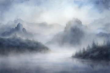 Misty mountains rise above a serene lake, creating a captivating and tranquil landscape.