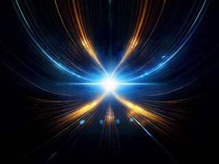 A vibrant, abstract cosmic image. Glowing streaks of blue and orange light converge at a brilliant central point, creating a sense of speed and energy. The dark background enhances the luminescence.