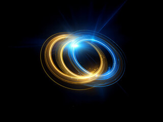 Naklejka premium Intertwined luminous rings of blue and gold light radiate against a black background, creating a dynamic, energetic, and ethereal glow. The rings intersect, suggesting connection and unity.