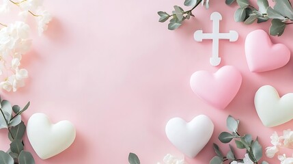 Pink background with hearts flowers and cross