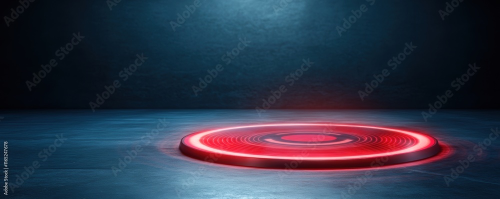 Poster glowing red circular platform emitting light on a dark floor with textured background.
