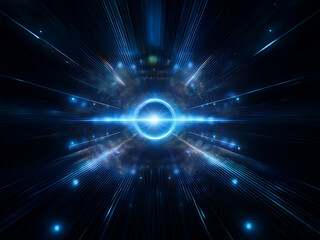 Naklejka premium Abstract digital art depicting a glowing blue ring at the center of converging light streaks in a dark space. The image evokes a sense of speed and futuristic technology.