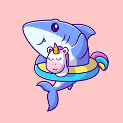 Cute Shark Swimming With Unicorn Tires Cartoon Vector Icon 
Illustration. Animal Holiday Icon Concept Isolated Premium 
Vector. Flat Cartoon Style