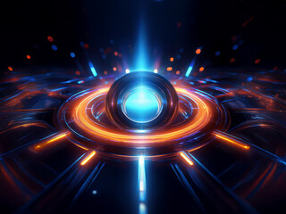 Obraz premium A dark, futuristic scene featuring a glowing orb at the center of a circular platform. Bright blue and orange lights radiate outwards, creating a dynamic, energetic atmosphere.