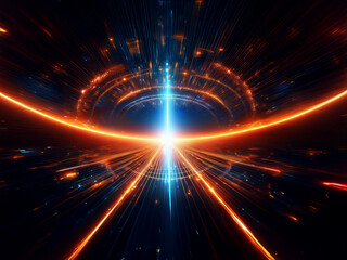 Naklejka premium A vibrant, abstract depiction of a futuristic portal or wormhole. Glowing energy streams converge at a central point of intense light, creating a dynamic, otherworldly scene. The color palette is pre
