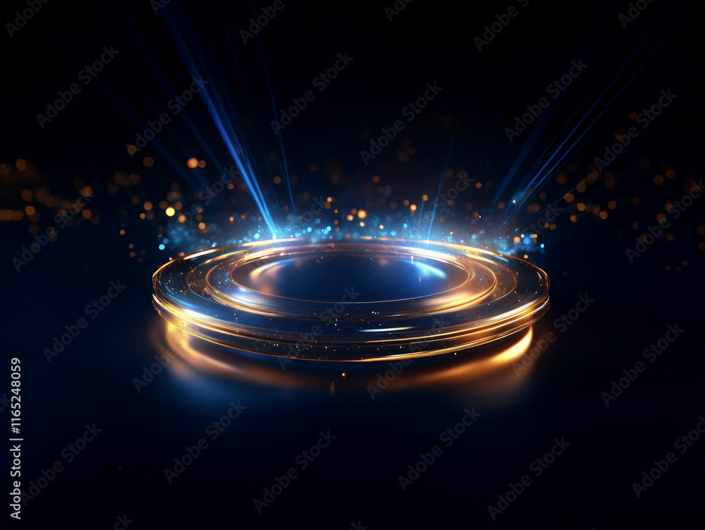 Poster Glowing circular platform with blue and gold light rays emanating from its center, set against a dark background with sparkling particles.  The scene evokes a futuristic or magical atmosphere.