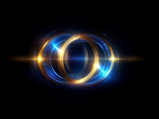 Interlocking luminous rings, blue and gold, radiate light against a black backdrop.  The glowing circles create a sense of energy and movement.