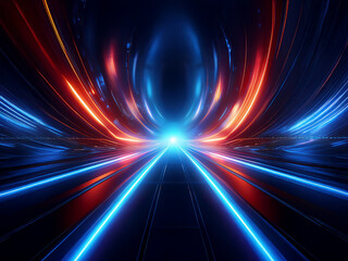 Abstract digital art depicting a futuristic highway with vibrant, glowing blue and orange light streaks converging towards a central point.  The scene evokes speed, energy, and technological advanceme