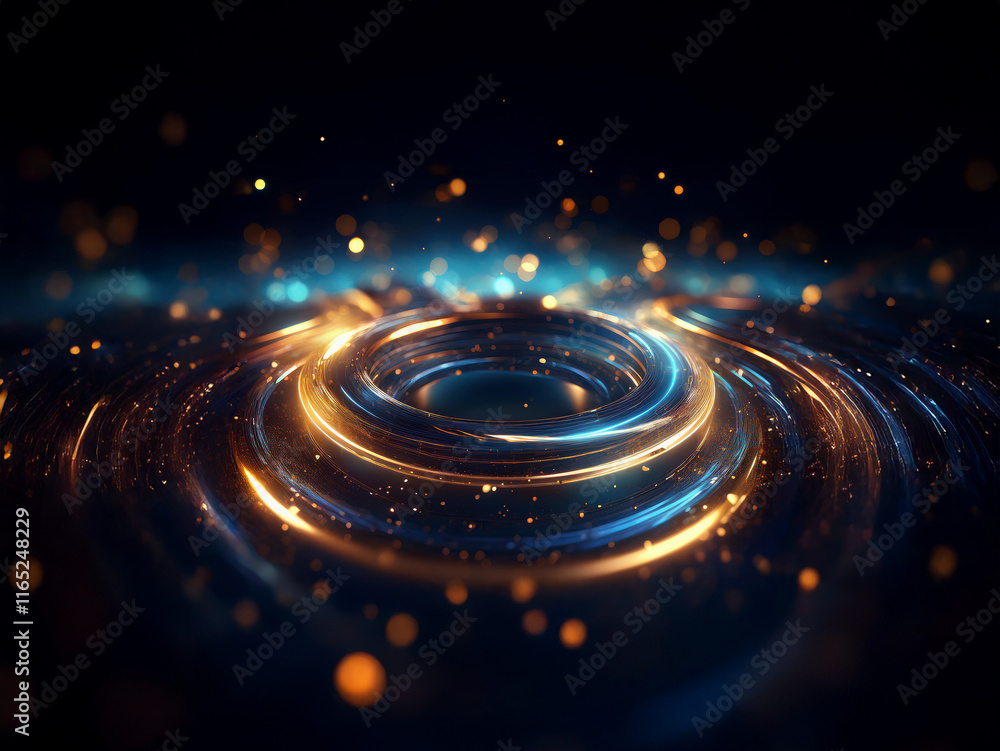 Aufkleber Glowing rings of light and energy pulse outwards, creating concentric circles of blue and gold light against a dark background scattered with sparkling particles.  The scene evokes a sense of cosmic e