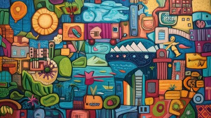 Obraz premium Vibrant Abstract Urban Landscape with Surreal Elements