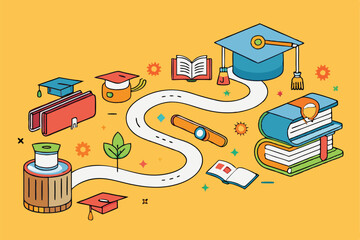 Creative educational roadmap with vibrant elements like books, graduation caps, and academic symbols in an engaging vector design
