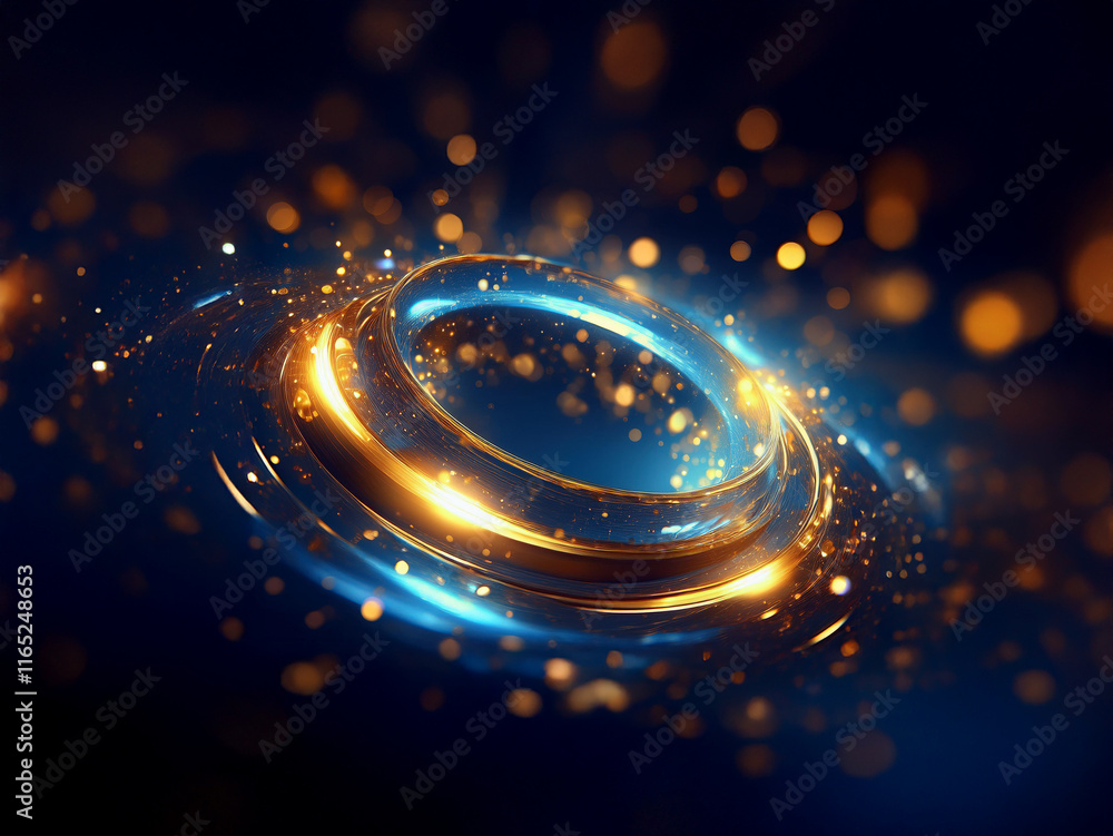 Poster glowing golden and blue rings float in a dark space, surrounded by sparkling particles. the concentr