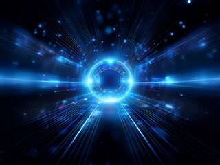 Fototapeta premium A mesmerizing abstract digital artwork featuring a glowing blue circular portal surrounded by dynamic light streaks and particles. It evokes a sense of speed, technology, and otherworldly travel.