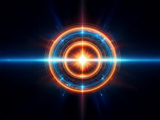 Glowing circular energy field with concentric rings, radiating light beams in blue and orange hues against a dark background.  Suggests futuristic technology or a powerful energy source.