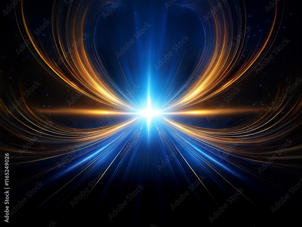 Poster a vibrant, symmetrical light explosion. bright blue and gold energy streams radiate outward from a c