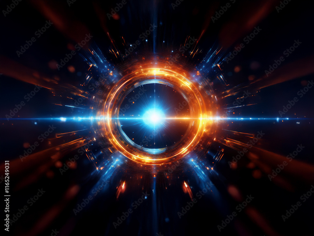 Poster a luminous ring, glowing orange and blue, pulses with light at its core in a dark, cosmic setting. i
