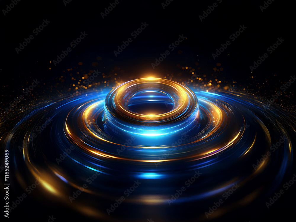 Poster Glowing blue and gold rings float on a dark surface, surrounded by shimmering particles.  The concentric circles create a mesmerizing, futuristic effect.