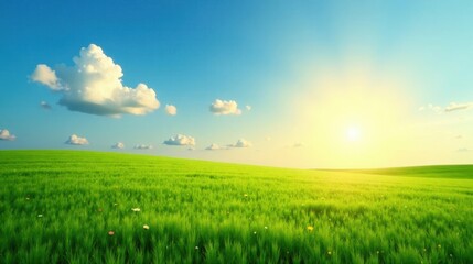 Serene Sunset over a Verdant Rolling Meadow with Scattered Wildflowers