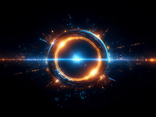 A luminous sphere, ringed with vibrant orange and blue energy, pulses with inner light.  Particles radiate outward, creating a cosmic spectacle against a dark backdrop.