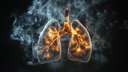 Obraz premium Human lungs with smoke on black background, Unhealthy habit. Full-length portrait photo of human lungs severely affected by smoking.