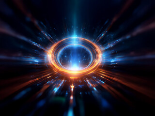 A glowing orange and blue ring, radiating light and energy, forms a futuristic portal or wormhole. ...