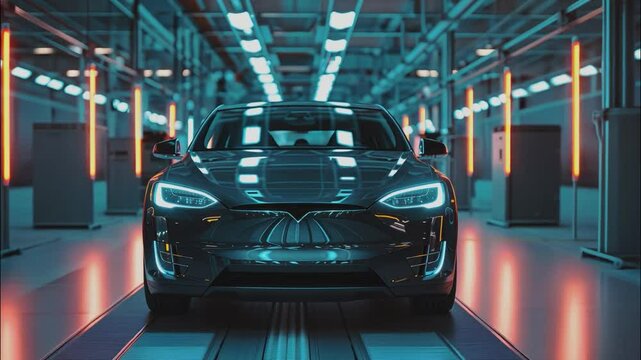 Sleek electric car on a modern assembly line, showcasing automotive manufacturing and technological advancement.  