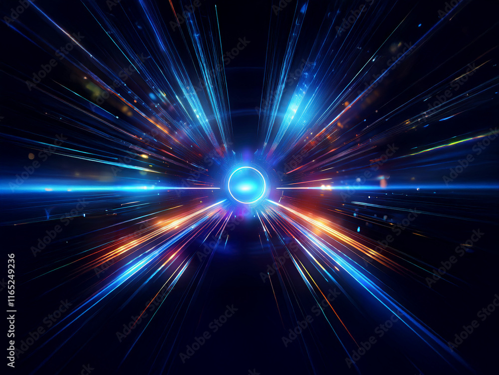 Poster a vibrant, abstract depiction of light streaks radiating from a central glowing orb, suggesting rapi