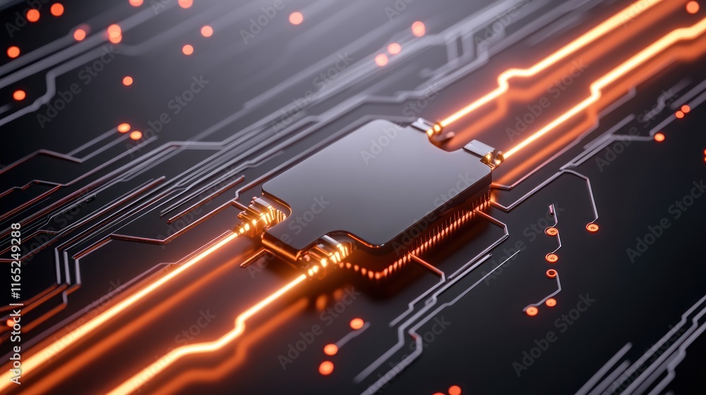 Poster a sleek circuit board with glowing connections and a microchip.