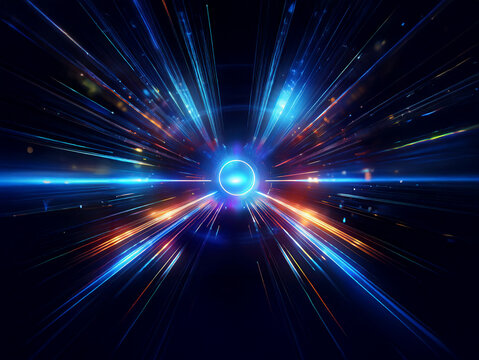 A vibrant, abstract depiction of light streaks radiating from a central glowing orb, suggesting rapid movement and boundless energy.  The dark background enhances the luminescence.