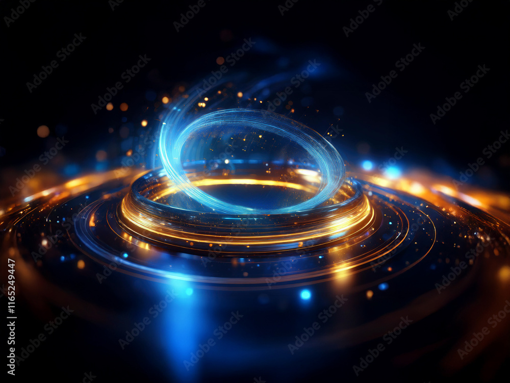 Poster Glowing rings of light and energy swirl in a dark, futuristic space, creating a mesmerizing vortex effect with sparks and glowing particles.