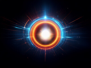 Glowing concentric circles of orange and blue light radiate from a bright core against a dark background, evoking a sense of futuristic technology or energy.