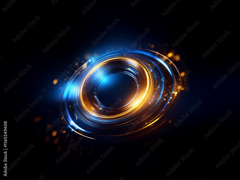 Poster glowing blue and gold rings intersect, creating a mesmerizing, abstract swirl against a dark backgro