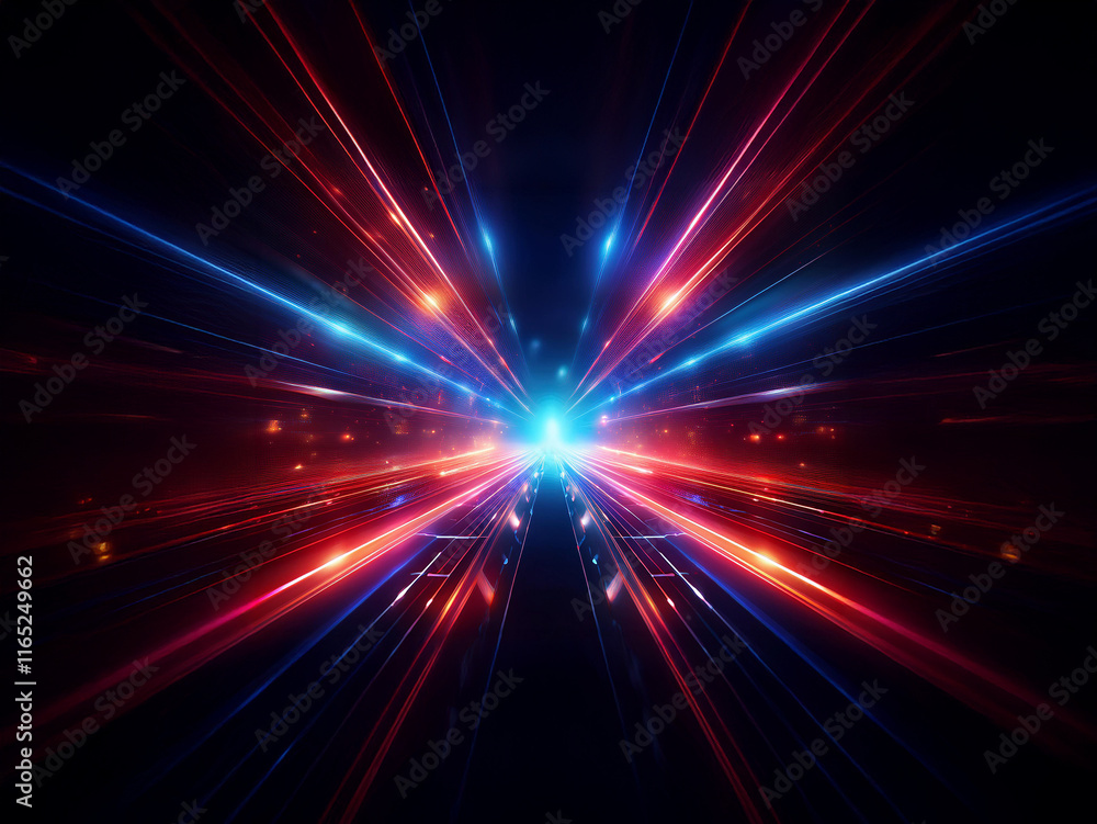 Poster intense red and blue light streaks radiate from a central point, creating a dynamic, symmetrical pat