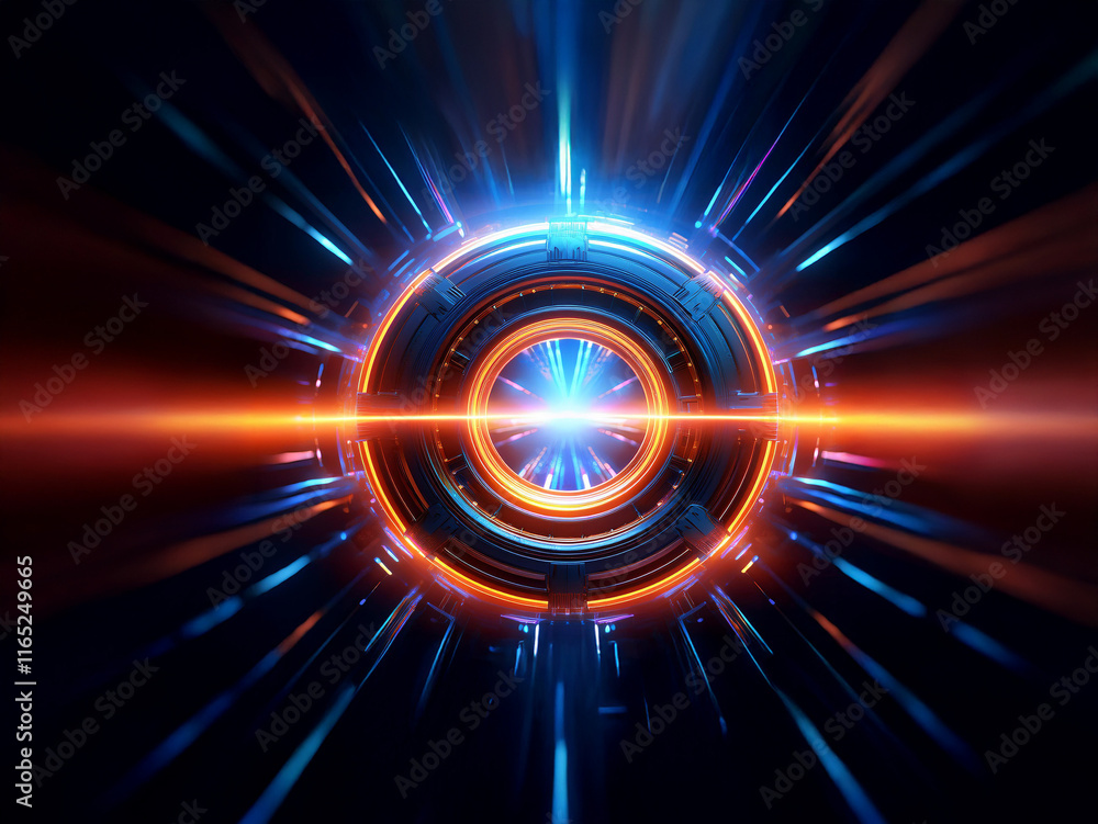 Poster abstract digital art depicting a glowing circular portal with vibrant blue and orange light streaks 