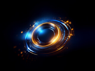 Glowing blue and gold rings intersect, creating a mesmerizing, abstract swirl against a dark background.  The light trails suggest motion and energy.